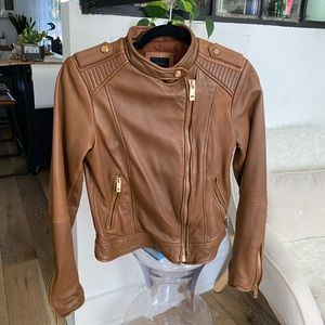 Zara Brown Leather Moto Jacket Size M